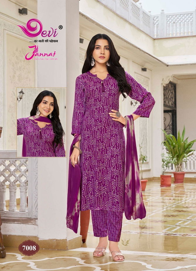 Jannat Vol 7 By Devi Rayon Printed Kurti With Bottom Dupatta Wholesale Shop In Surat